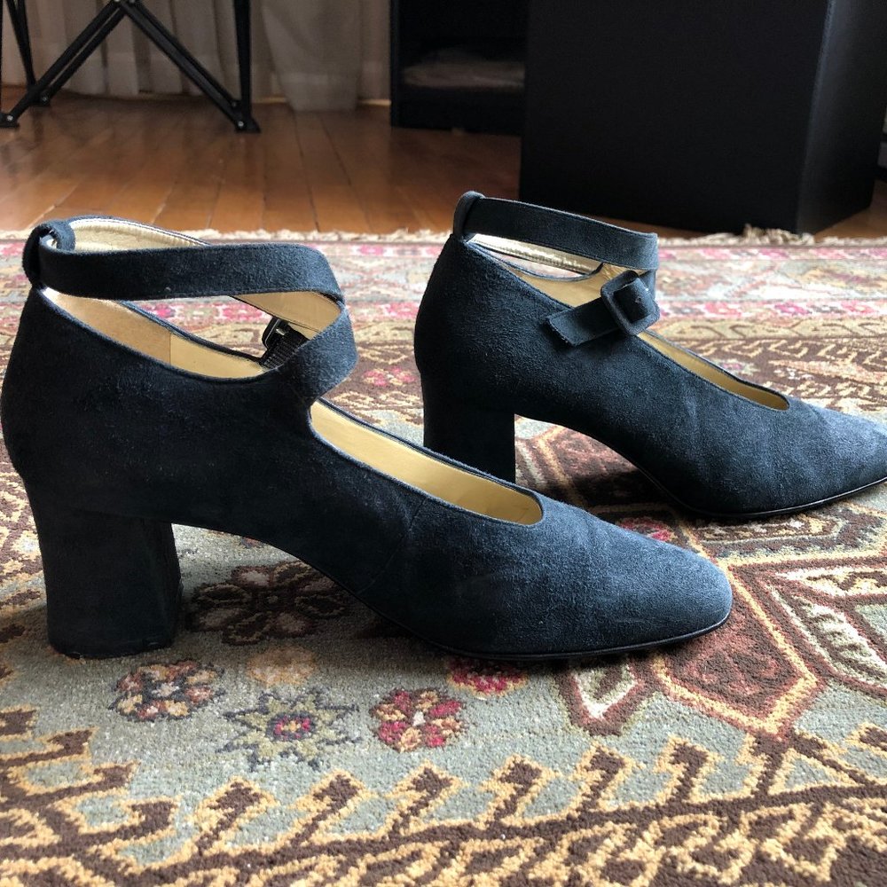 Nine West Vintage Leather Navy Blue Ankle Strap Block Heel Pumps - Size 6.5
